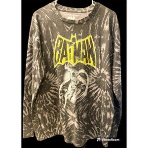 BATMAN Crew Neck Graphic Long Sleeve Black Tie Dye Pullover Shirt Men Sz Large
